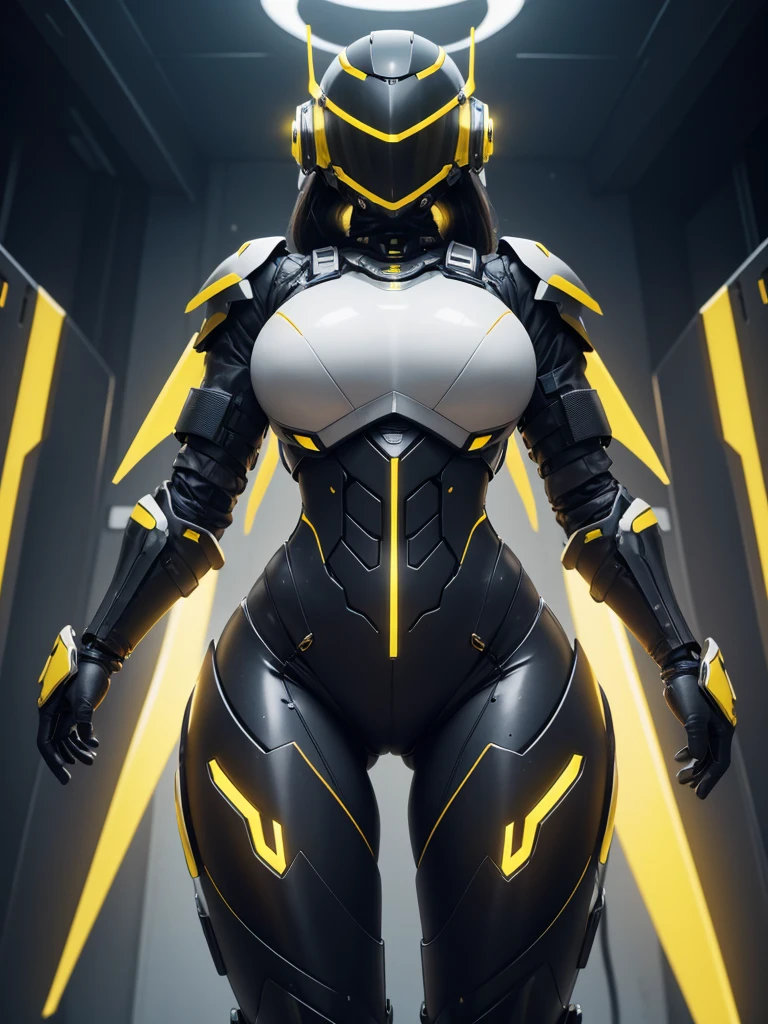 (masterpiece), (best quality), (high res) Solo, (perfect anatomy) Dronificated unknown woman , (enclosed gray full body armor) (yellow lights) (yellow glowing core in the chest), (enclosed cyber helmet), (yellow screen), huge breast, narrow waist, wide hips and thick thigs, in a storage, (no face) no face, no hair, no mouth, no eyes, in a factory