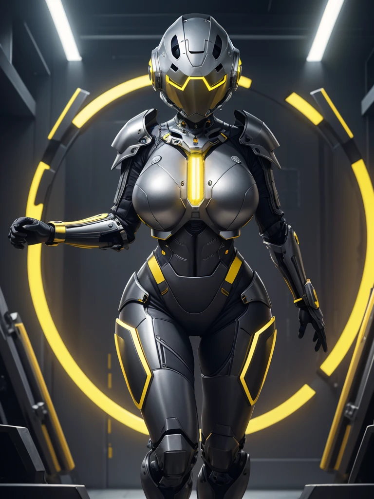 (masterpiece), (best quality), (high res) Solo, (perfect anatomy) Dronificated unknown woman , (enclosed gray full body heavy armor) (yellow lights) (yellow circular glowing core in the chest), (enclosed cyber helmet), mechanical wings, (yellow screen), huge breast, narrow waist, wide hips, thick thighs, in a storage, (no face) no face, no hair, no mouth, no eyes, in a factory