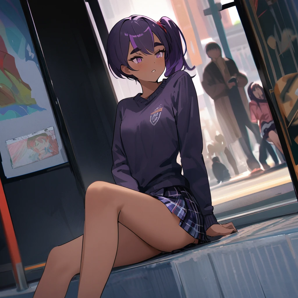 work of art, best qualityer, extremely detaild,dutch angle, アニメ,Large school sweater、plaid plaid skirt,skin tanned,15year old ,dark skin tiny body,smallbreast,baby face,hand between legs,break,multicolored dark purple hair,side ponytail,short hair with long highlights,break,Eyes red,thick eyebrow,unexpressive,Detailed lips,False eyelashes,break,red cotton ribbon,break,break,microskirt,break,tilt your head,upturned eyes,bus stops scenery,Wait for the bus,sitting down,