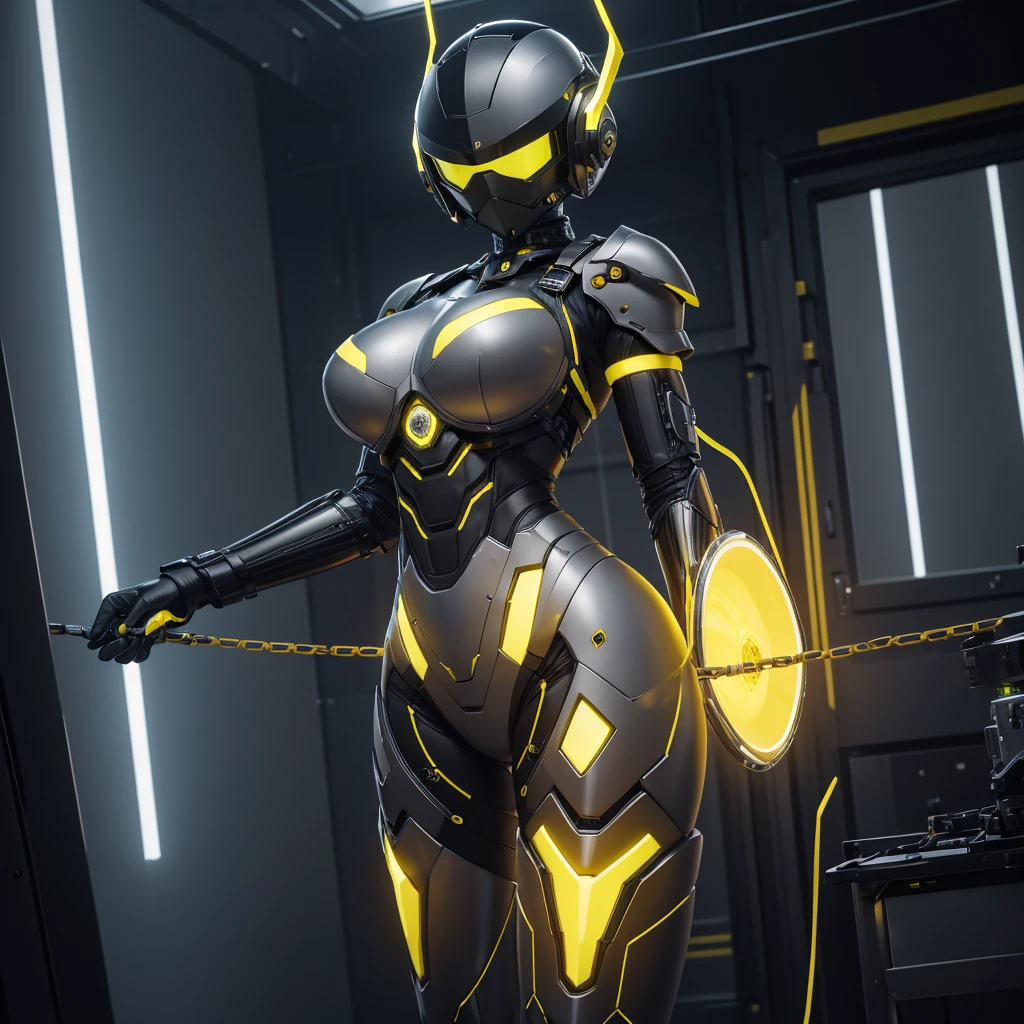 (masterpiece), (best quality), (high res) Solo, (perfect anatomy) Dronificated unknown woman , (enclosed gray full body armor) (yellow lights) (yellow glowing core in the chest), (enclosed cyber helmet), (yellow screen), huge breast, narrow waist, wide hips and thick thighs,(no face) no face, no hair, no mouth, no eyes, inside a room Being geld anf fucked by a machine, (sex) (fuck)