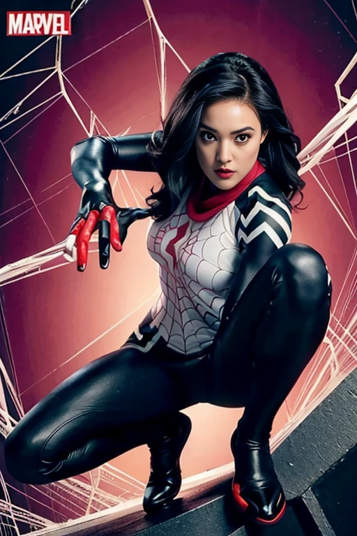 spider gwen, Hot, partial , hightquality, Dynamic Poses, Beautiful, Gorgeous, In love,Short suit, spider in a suit, white black red suit、Eliza Dushku