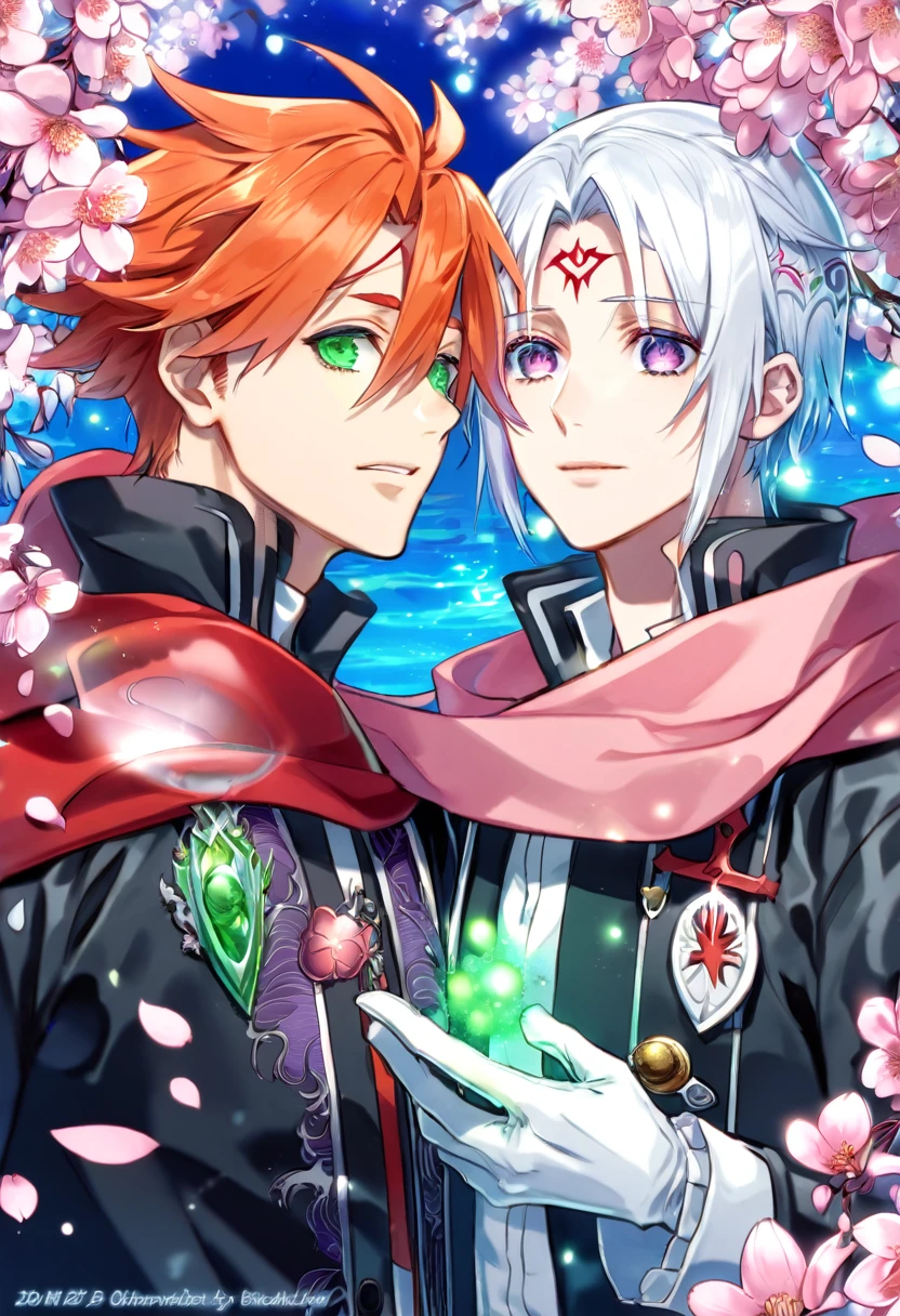 Ultra detailed, highres, absurdres, HDR, master piece, Lavi Bookman, orange hair, expressive green eyes, Allen Walker, white hair, hair between the eyes, short hair, expressive purple eyes, black jacket, red scarf, white gloves, D.Gray-Man, fantasy, pink petals, water, pink flowers, handsome, two man together, gay couple, love, magical, best quality, extremely detailed face, blossoms, red mark on his forehead, blue shining fireflies