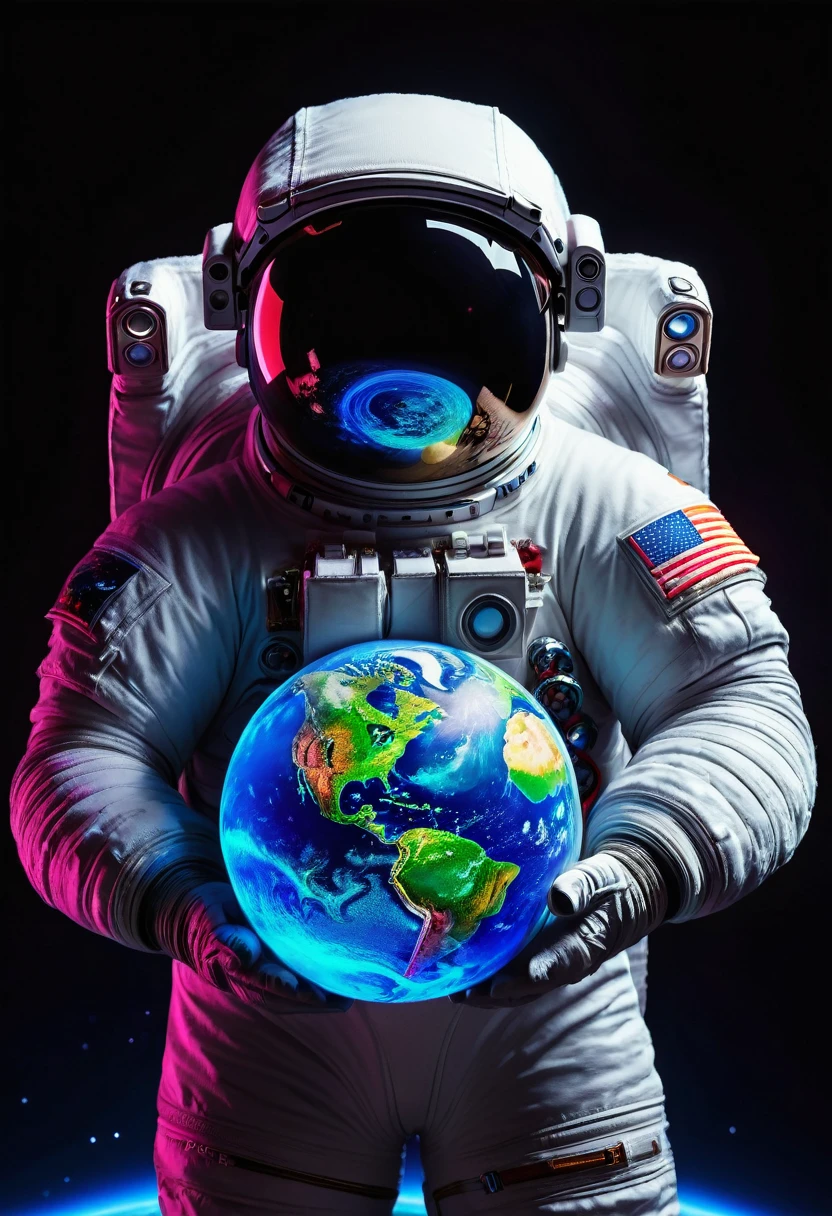 An astronaut holds a planet in his arms，close up，Glowing fluorescent feeling，Transparency，dream，Monet's color scheme，Texture Matte，high quality，High Definition,Rose red，blue，Neon light，black background，