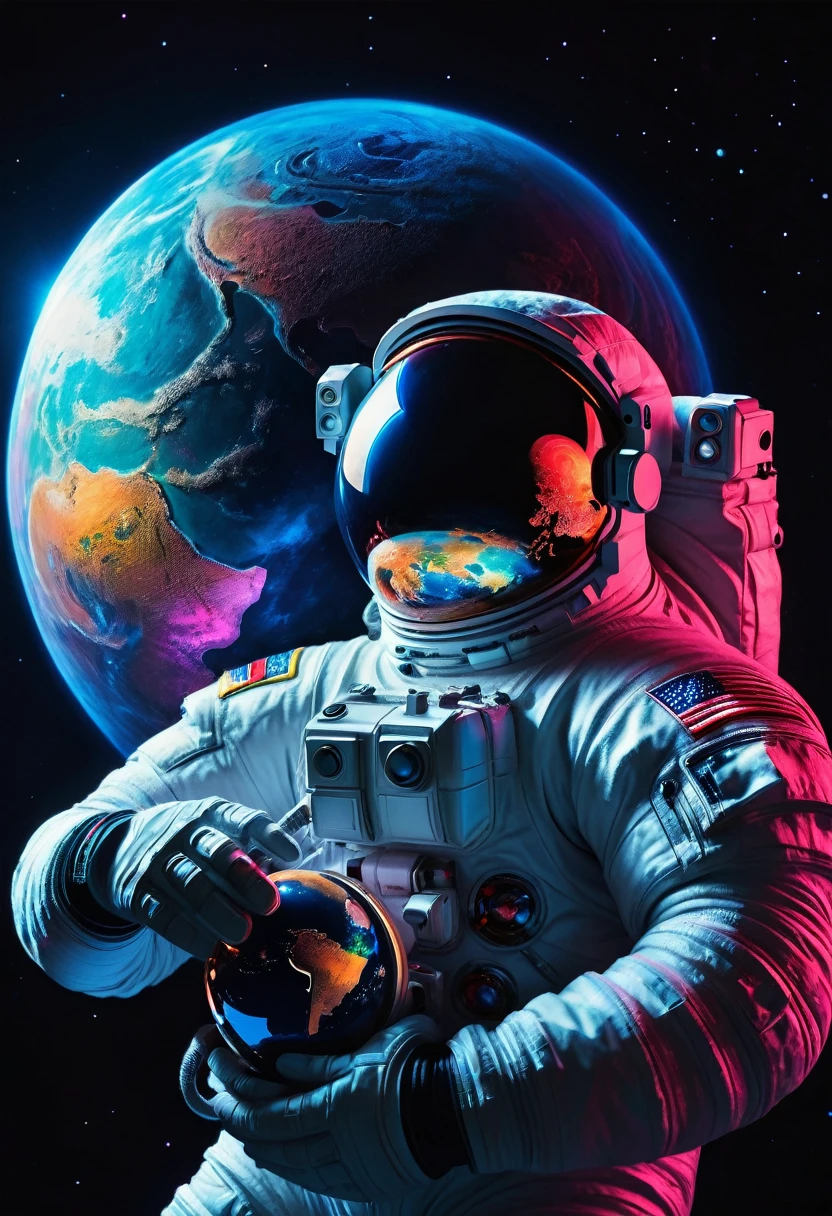 An astronaut holds a planet in his arms,close up,Glowing fluorescent feeling,Transparency,dream,Monet's color scheme,Texture Matte,high quality,High Definition,Rose red,blue,Neon light,black background,