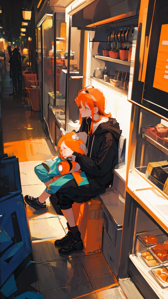 Boy with orange hair kissing a girl with long black hair