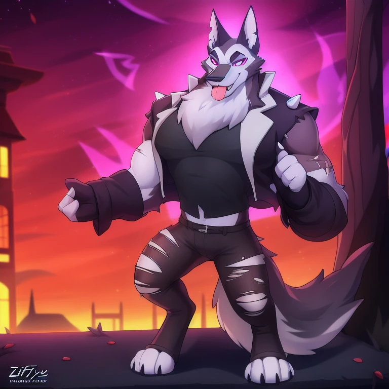 by zinfyu, detailed background, vortex \(helluva boss\), hellhound, grey body, grey fur, red sclera, white eyes, vortexgoetia, male, solo, absurd res, digitigrade, black pupils, scar, vortexdrip, jacket, spikes, torn clothing, black shirt, topwear, bottomwear, sleeveles jacket, tank top, hypnotized with completely spyral glowing purple eyes with no irises or pupils, tongue out