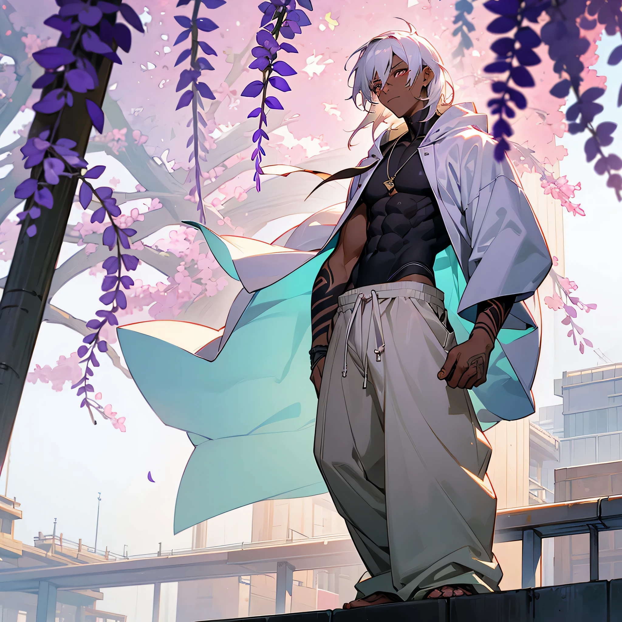 1male, young adult, dark skin, finely detailed plum eyes, wild medium hair, seashell white hair color, oversized hoodie, baggy pants, standing on building, day time, tokyo streets, somber expression, muscular, tattoos, wisteria flowers, scars