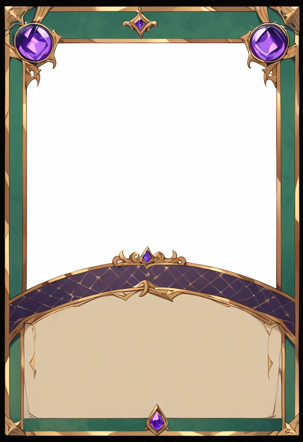 A card border UI，Medieval European aristocracy design，Noble and elegant dark style，There is a lavender ribbon in the middle with the card name.，There is a ruby under the bezel，There are sapphires on the left and right corners.。Redwood frame，Parchment backing，There are blood stains on it。Deep Red、Emerald Green、Gold main tone。