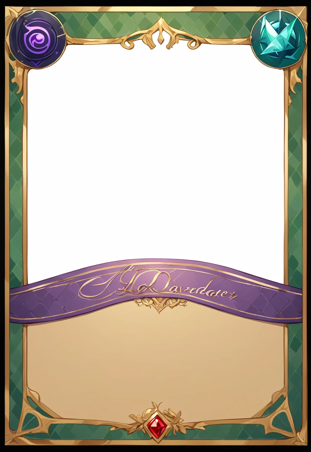 A card border UI,Medieval European aristocracy design,Noble and elegant dark style,There is a lavender ribbon in the middle with the card name.,There is a ruby under the bezel,There are sapphires on the left and right corners.。Redwood frame,Parchment backing,There are blood stains on it。Deep Red、Emerald Green、Gold main tone。