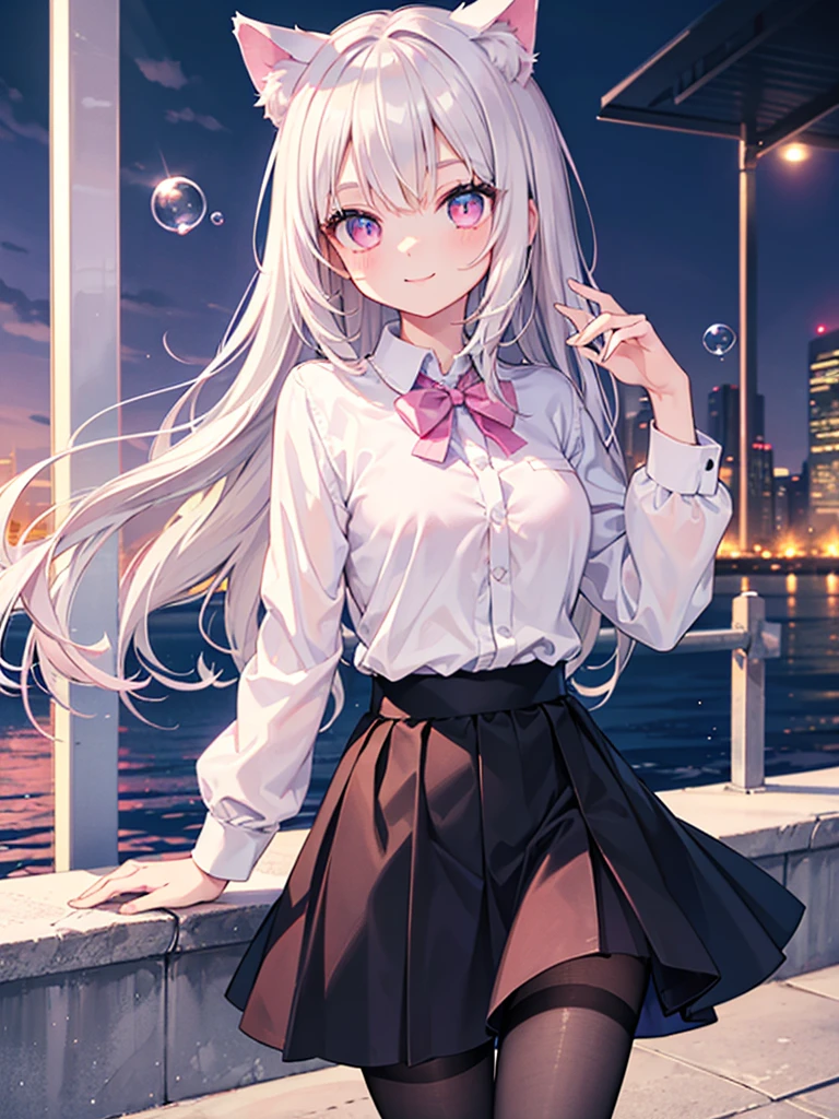 masterpiece,highest quality,Highly detailed face,fine grain,Waterfront,Bubble,Sparkling eyes,Highlighted eyes,Medium chest,pretty girl,smile,Cat ear,Beautiful silver hair,Pink inside,Beautiful pink eyes,Oversized shirt、skirt、black tights