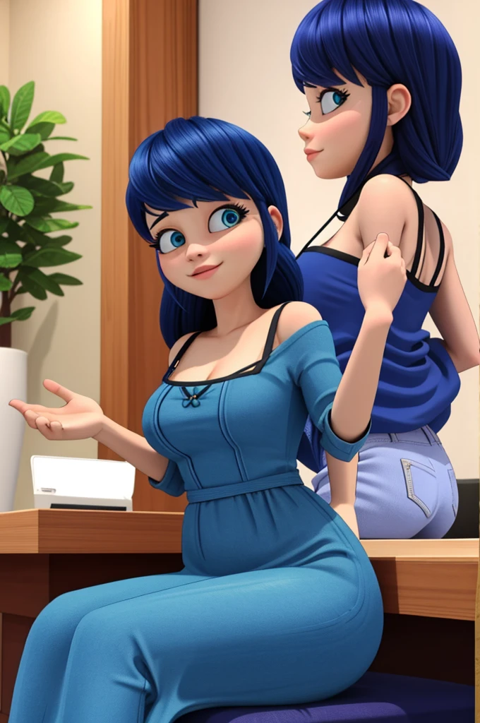 (8k, RAW photo, best quality, masterpiece:1.2), (intricate details), perfect eyes, perfect face, perfect lighting, beautiful, (masterpiece:1.2), (best quality:1.2), 1girl, solo, marinette, blue hair, ((long loosen hair)), adult torso, 17 years old, slight smile, huge sized breasts, ( blue dress), cowboy shot, 3DMM, seated, front view