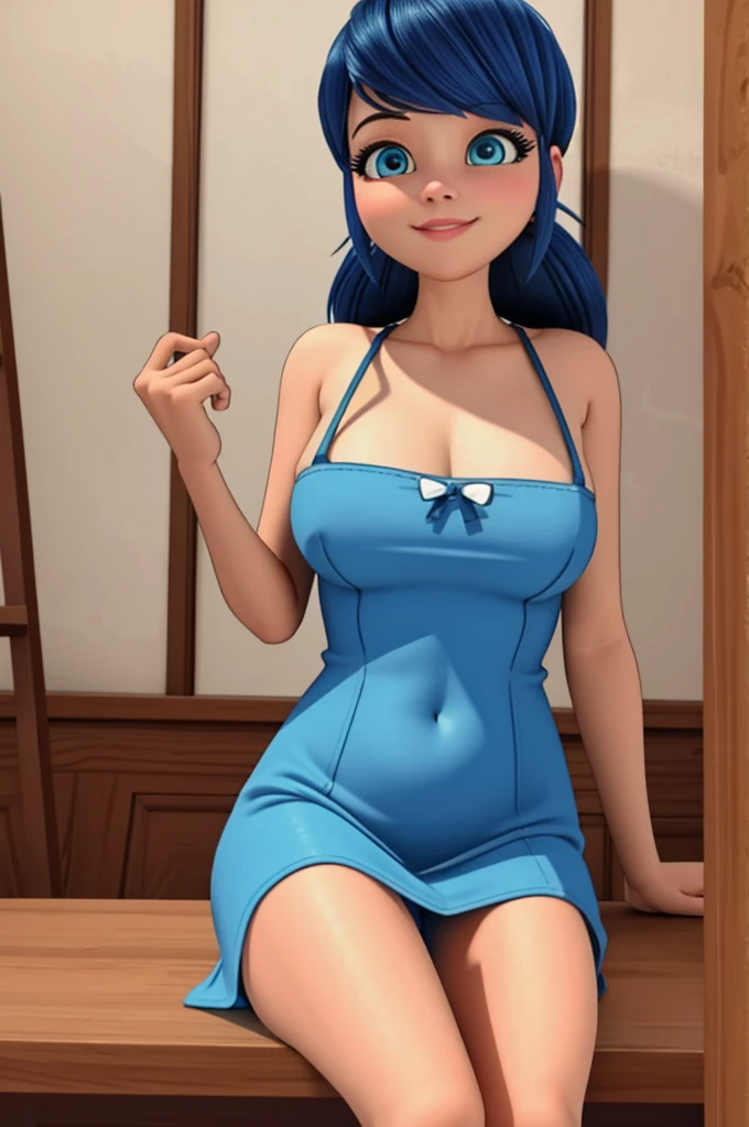 (8k, RAW photo, best quality, masterpiece:1.2), (intricate details), perfect eyes, perfect face, perfect lighting, beautiful, (masterpiece:1.2), (best quality:1.2), 1girl, solo, marinette, blue hair, ((long loosen hair)), adult torso, , slight smile, huge sized breasts, ( blue dress), cowboy shot, 3DMM, seated, front view