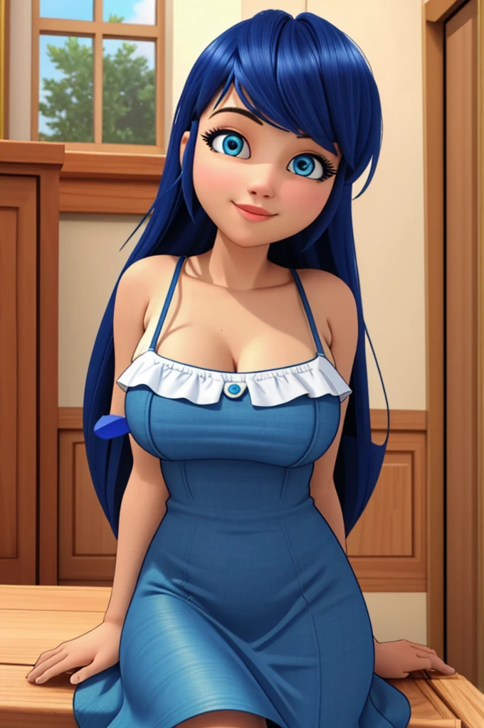 (8k, RAW photo, best quality, masterpiece:1.2), (intricate details), perfect eyes, perfect face, perfect lighting, beautiful, (masterpiece:1.2), (best quality:1.2), 1girl, solo, marinette, blue hair, ((long loosen hair)), adult torso, ************, slight smile, huge sized breasts, ( blue dress), cowboy shot, 3DMM, seated, front view