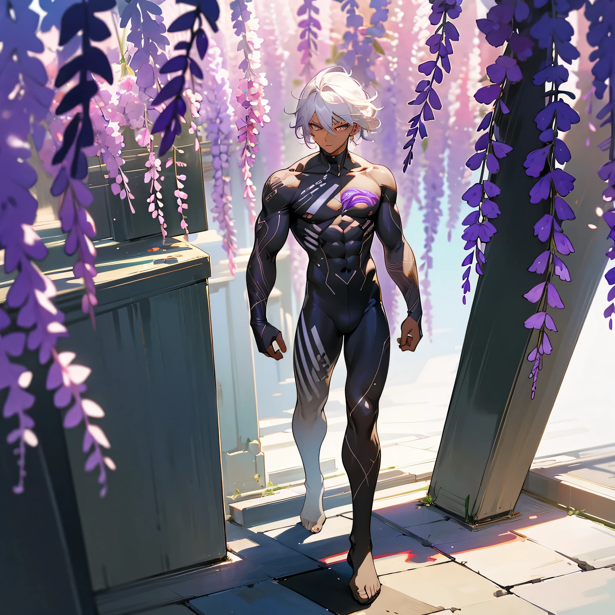 1male, adult, dark skin, finely detailed plum eyes, wild medium hair, seashell white hair color, full body combat suit, standing on building, day time, tokyo streets, somber expression, muscular, tattoos, wisteria flowers, scars