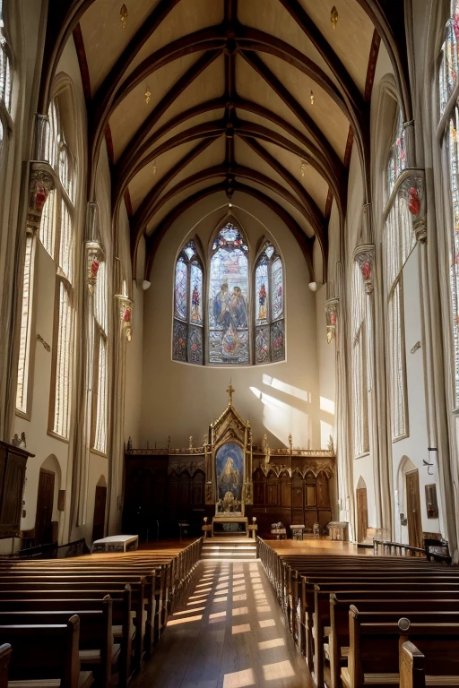 Inside a 16th century church, you would find a solemn and reverent atmosphere. The walls would be adorned with frescoes or detailed religious paintings, showing scenes from the Bible or sacred figures. The columns would be robust, perhaps decorated with ornate capitals. The ceiling would be vaulted, with Gothic ribs or Renaissance vaults, sometimes decorated with reliefs or paintings. Light would enter through large stained glass windows, creating a mystical and sacred effect. on the altar, there would be a central image or sculpture representing Christ, Mary or a saint venerated by the local community. Simple wooden benches would be lined up along the nave, where the faithful would gather for the liturgy, with the environment generally lit only by candles, providing a feeling of intense spirituality and contemplation.