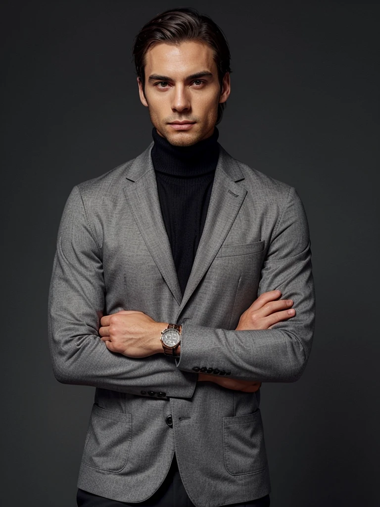 A sophisticated man, wearing a slim-fit grey jacket over a dark sweater, and a luxury wristwatch. He is positioned against a minimalist background with a soft gradient, providing ample space for text. His posture is relaxed but confident, with one hand touching his chin thoughtfully. His expression is contemplative and assured. The image should convey elegance, confidence, and style.