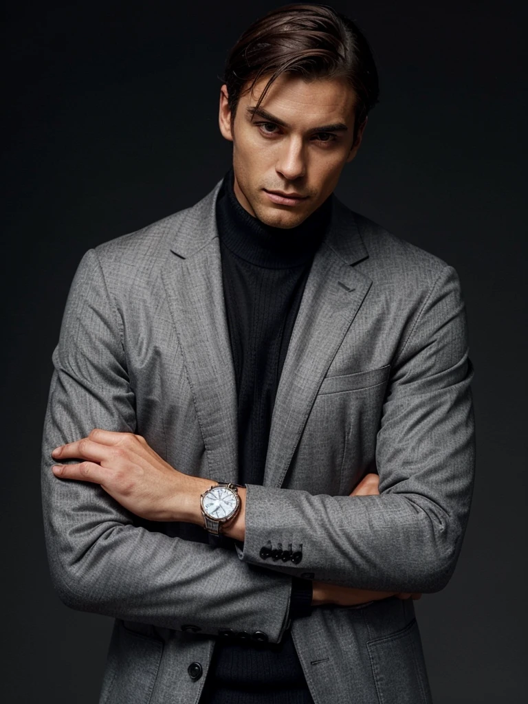 A sophisticated man, wearing a slim-fit grey jacket over a dark sweater, and a luxury wristwatch. He is positioned against a minimalist background with a soft gradient, providing ample space for text. His posture is relaxed but confident, with one hand touching his chin thoughtfully. His expression is contemplative and assured. The image should convey elegance, confidence, and style.