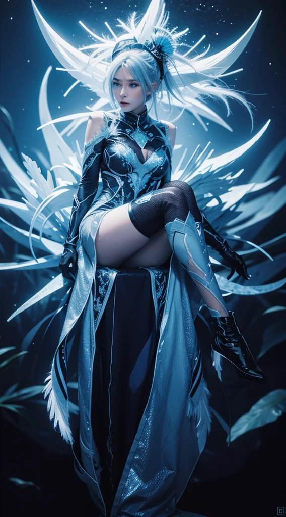 (high-res, vivid colors), blue bird alien, detailed feathers, sparkling eyes, alien landscape, vibrant colors, surreal atmosphere, glowing lights, otherworldly features, intricate patterns, dreamlike scenery, Arctic Frost Ranger: A suit featuring icy blue and frosty white hues, accented with snowflake patterns and frost crystals. This Ranger commands the power of ice and cold, with abilities such as creating blizzards, forming ice constructs for defense, and freezing enemies in their tracks.