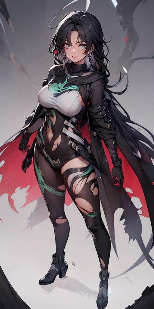 jianxindef, (long hair, gradient hair, black hair:1.3), parted bangs, breasts, epic art, fantasy, anatomically correct, torn_clothes, 1girl, torn_legwear, breasts, leotard, looking_at_viewer, solo, smile, hood, standing, large_breasts, covered_navel, hood_up, full_body, cloak, gloves, black_leotard, bodysuit, boots, black_footwear, pantyhose, closed_mouth, navel, glowing, high_heels, science_fiction, bodystocking, nsfw art, nsfw, hollow eyes, bright pupils, green eyes, looking at viewer. glowing eyes heavy breathing, seductive smile, lips,