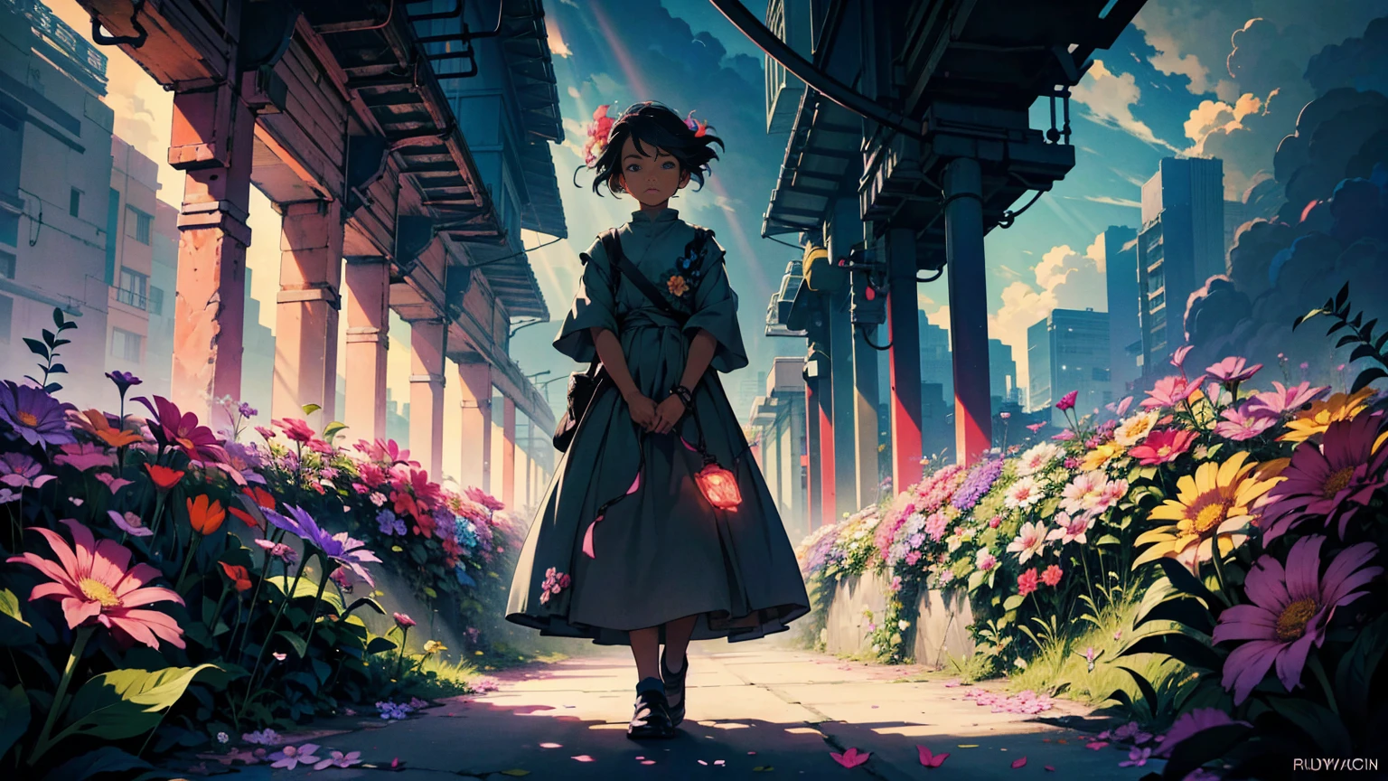 A vibrant flower blooms on the dirty ground of a large gray avenue. A crowd of gray, soulless people crosses the streets. A colorful , glowing with bright hues, stands protectively over the flower, protecting it with her little hands and determined eyes. Sunlight breaks through the dark clouds. Studio Ghibli style