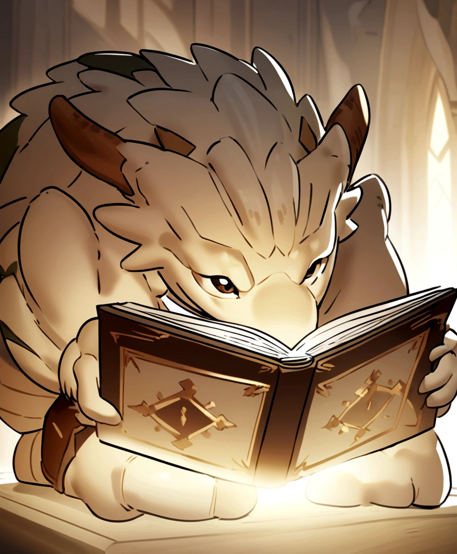 A 2D character of a light brown European cute dragon with white chest reading a book