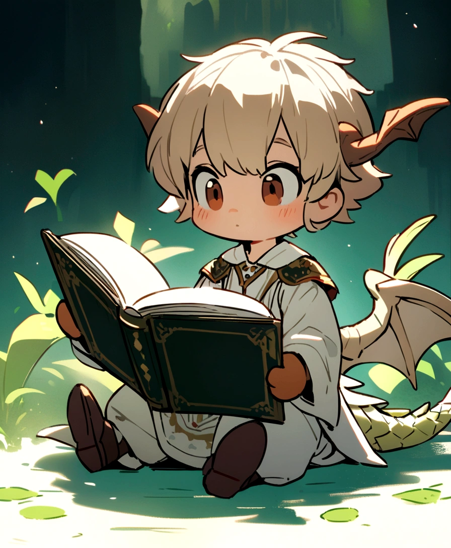 A 2D character of a light brown European cute dragon with white chest reading a book