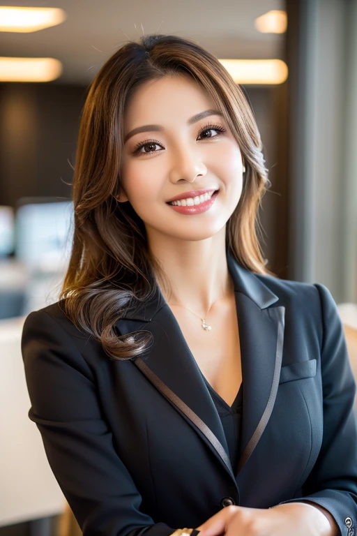 a beautiful 42 year old busty indonesian woman, in formal hijab, office suit with blazer, beautiful smile showing teeth, boss, full body portrait, (best quality,4k,8k,highres,masterpiece:1.2),ultra-detailed,(realistic,photorealistic,photo-realistic:1.37),hyper detailed face,extremely detailed eyes and face,detailed makeup,long eyelashes,beautiful detailed lips,elegant pose,confident expression,warm lighting,cinematic angle,office interior background,high quality,intricate details
