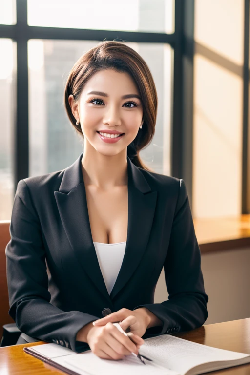 a beautiful 42 year old busty indonesian woman, in formal hijab, office suit with blazer, beautiful smile showing teeth, boss, full body portrait, (best quality,4k,8k,highres,masterpiece:1.2),ultra-detailed,(realistic,photorealistic,photo-realistic:1.37),hyper detailed face,extremely detailed eyes and face,detailed makeup,long eyelashes,beautiful detailed lips,elegant pose,confident expression,warm lighting,cinematic angle,office interior background,high quality,intricate details