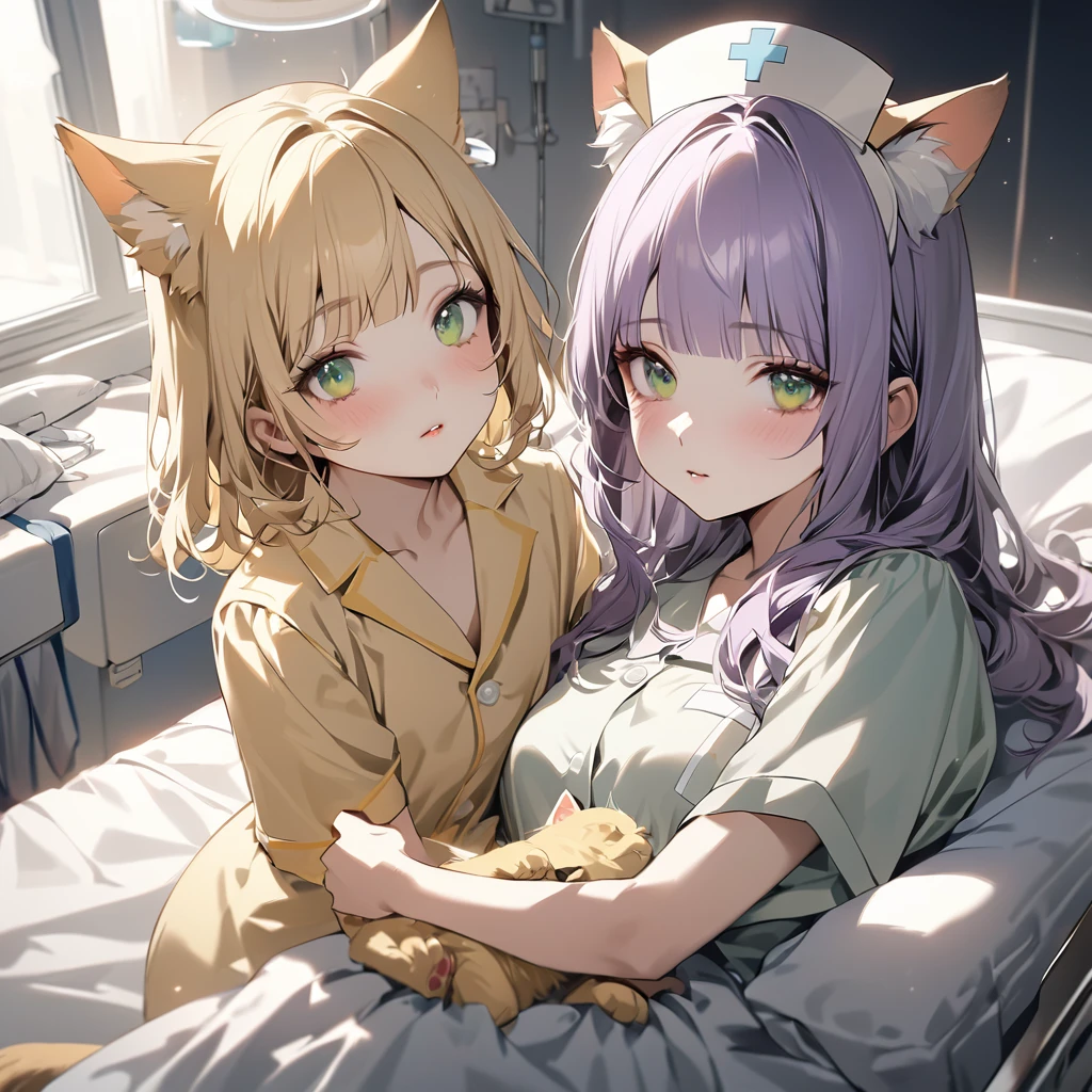 (Cute 2 girls:1.5), (masterpiece:1.3), anime visual, (one Girl lying in hospital bed, pale purple hair, blunt bangs, green eyes,pajamas,:1.3 ), (other girl: Nurse hat with yellow cat ears, yellow nurse uniform, short blonde hair, golden eyes, holding a big syringe:1.3),(Lovey-dovey:1.5), (tilt head:1.3), extremely delicate face, soft clean focus, realistic lighting and shading, (an extremely delicate and beautiful art:1.3), elegant, (muted colors:1.1),