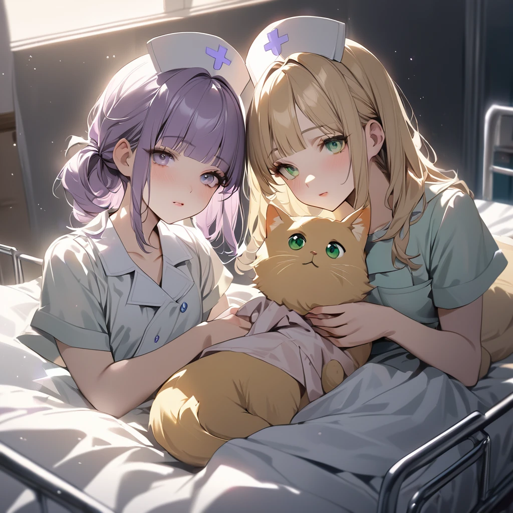 (Cute 2 girls:1.5), (masterpiece:1.3), anime visual, (one Girl lying in hospital bed, pale purple hair, blunt bangs, green eyes,pajamas,:1.3 ), (other girl: Nurse hat with yellow cat ears, yellow nurse uniform, short blonde hair, golden eyes, holding a big syringe:1.3),(Lovey-dovey:1.5), (tilt head:1.3), extremely delicate face, soft clean focus, realistic lighting and shading, (an extremely delicate and beautiful art:1.3), elegant, (muted colors:1.1),