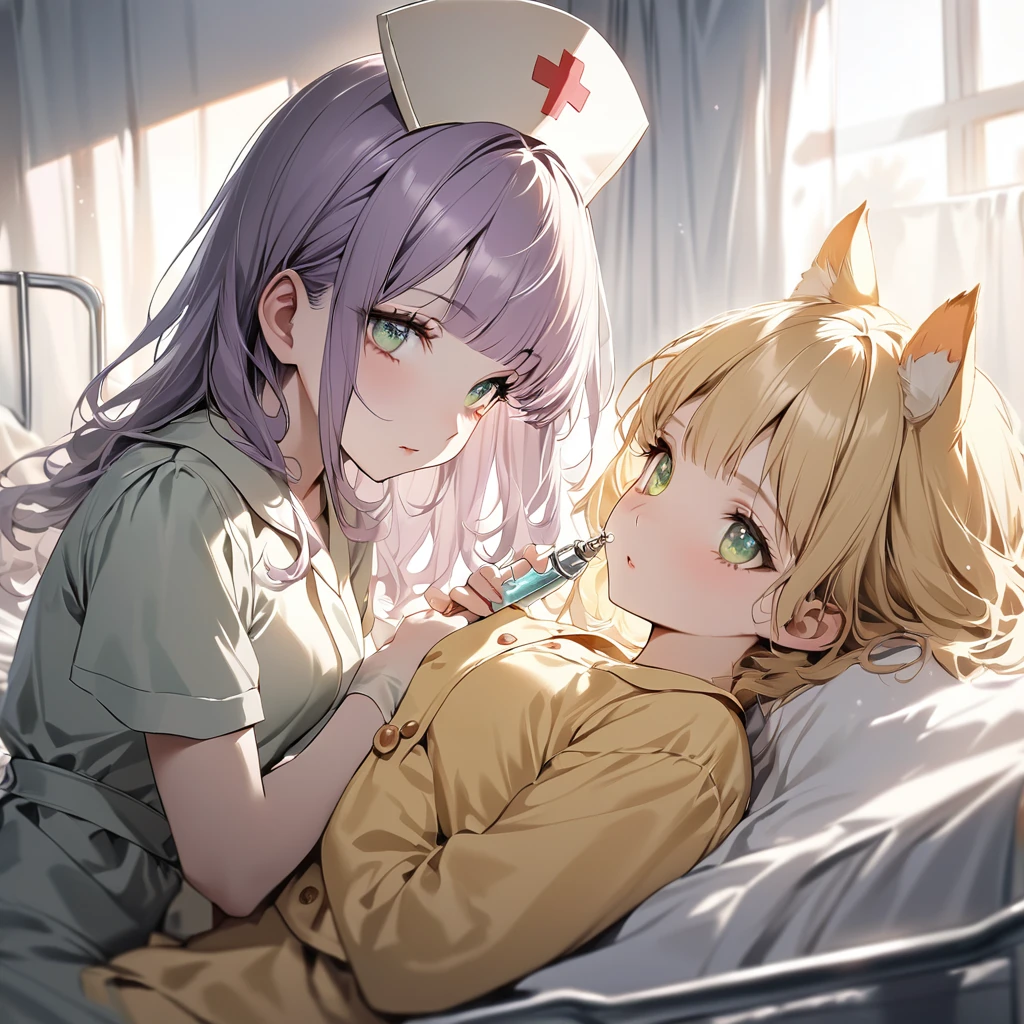 (Cute 2 girls:1.5), (masterpiece:1.3), anime visual, (one Girl lying in hospital bed, pale purple hair, blunt bangs, green eyes,pajamas,:1.3 ), (other girl: Nurse hat with yellow cat ears, yellow nurse uniform, short blonde hair, golden eyes, holding a big syringe:1.3),(Lovey-dovey:1.5), (tilt head:1.3), extremely delicate face, soft clean focus, realistic lighting and shading, (an extremely delicate and beautiful art:1.3), elegant, (muted colors:1.1),