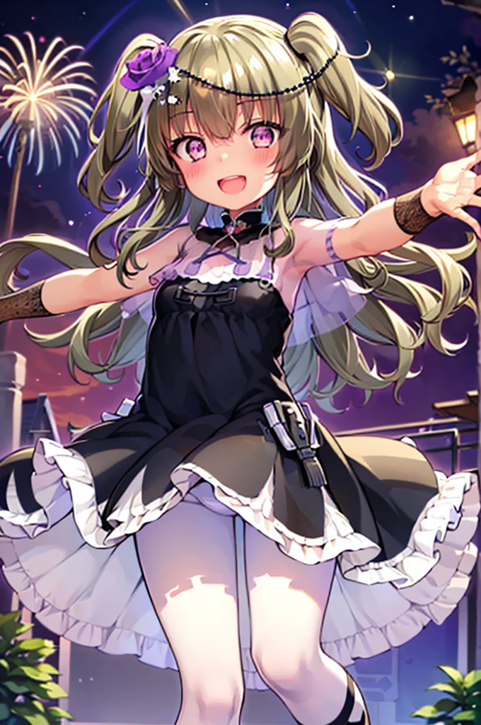 Himari Mei, masterpiece, li, cute, flat chest, cute and shy smile, highly detailed sparkling brilliant purple eyes, open mouth slightly, standing in summer night,black dress, perfect body, detailed hands, detailed fireworks in the sky, outstretched arms for viewer, full body