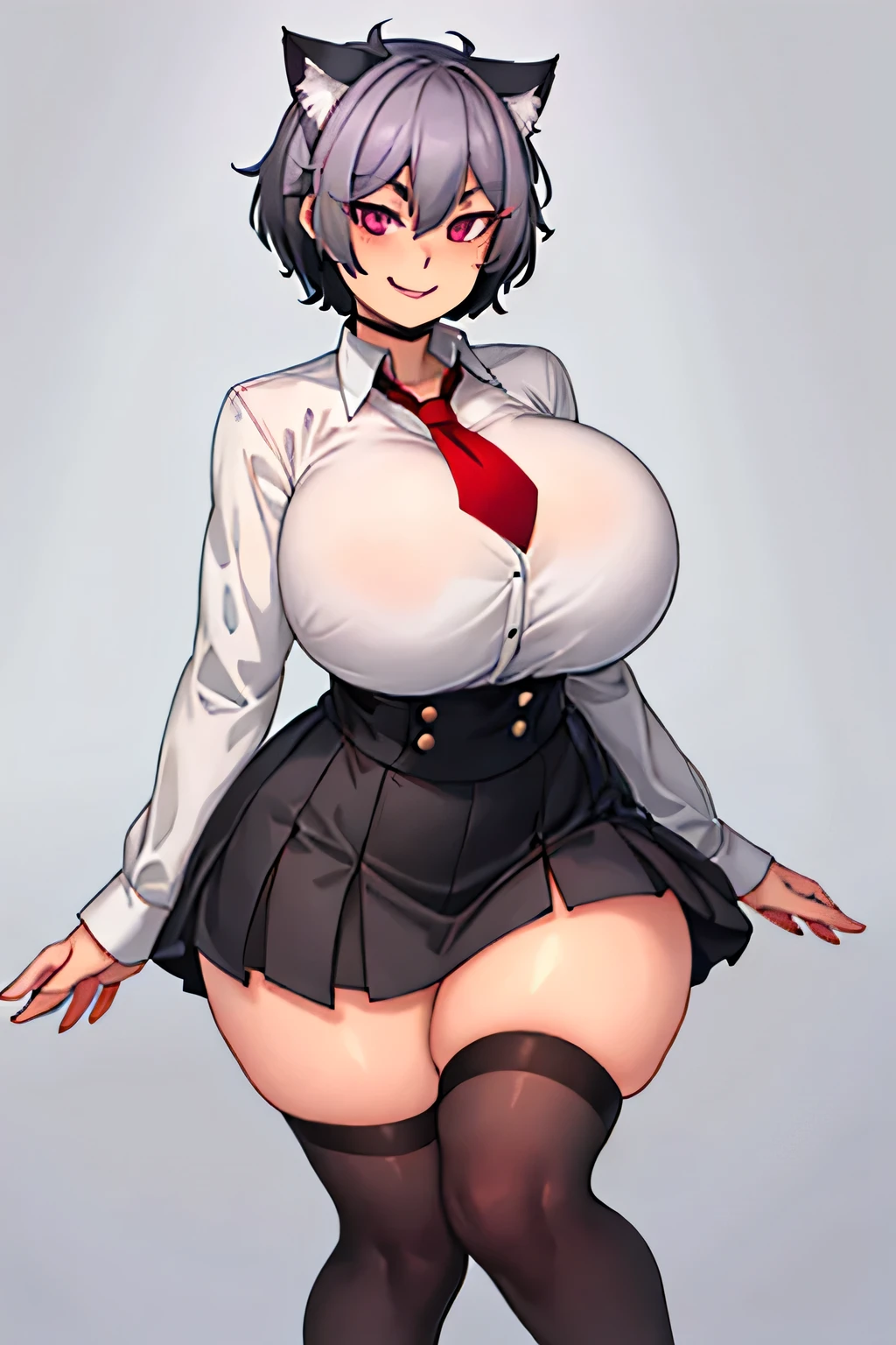 One girl,(alone),Huge breasts, Wide Hips, Thick,Dynamic pose, , Black Skirt, White shirt, Red tie, Knee socks, Black Choker, smile, :D, Gray Hair, Purple eyes, Cat ear, short hair, Very fine grain, (Huge breasts:1.2)