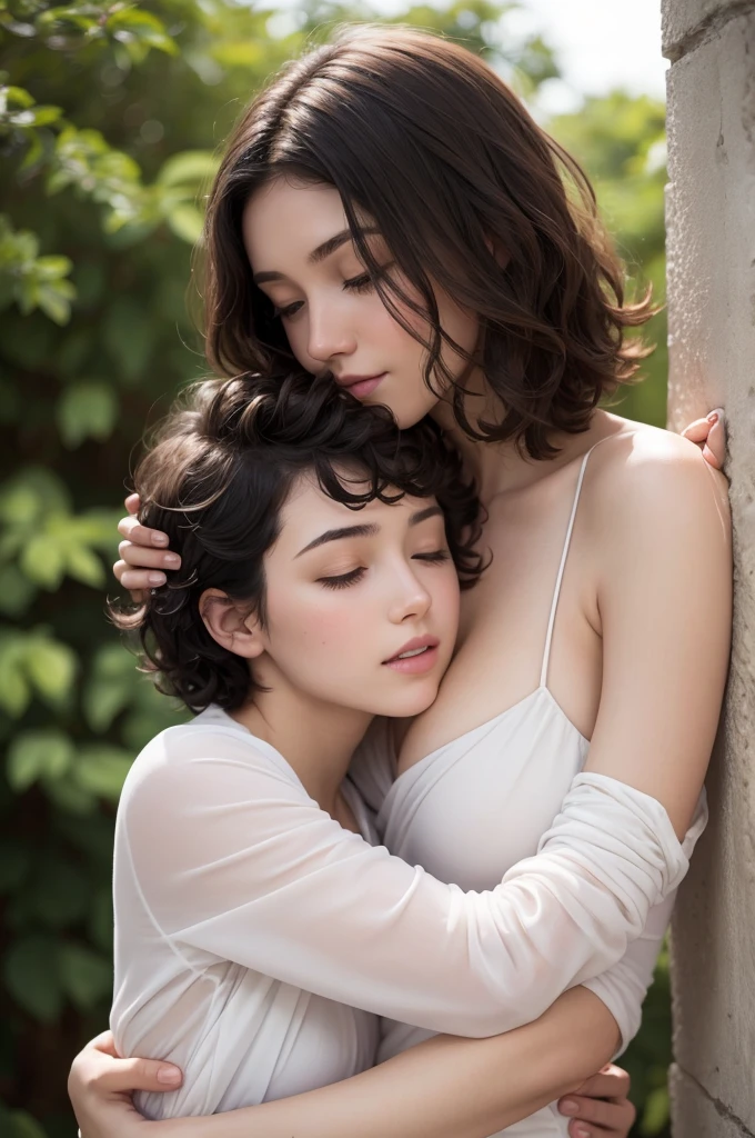 A young woman with white skin short curly hair hugging Jesus in a very beautiful place