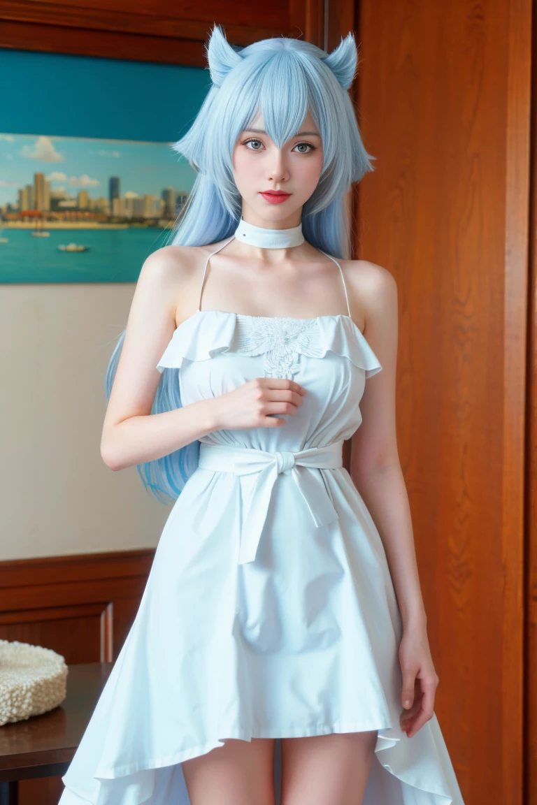 Surrounded by the Moon beams)) in side a Crater ((Eyes closed)) wearing a white dress with short ruffle linen puff sleeves coveree in small cresent moon-shape crystals. ((Is a girl with long teal mix blue hair and white oyster diamond covered hairclips in her hair))(( full body))
