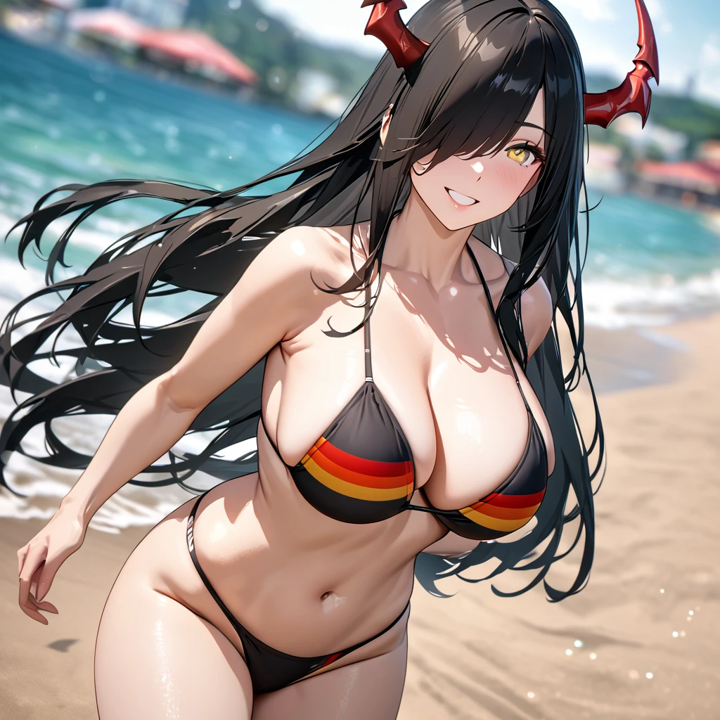 A woman wearing a bikini with fabric with the German flag, black hair, long hair, bangs covering one eye, yellow eyes, large breasts, close-up view of the face, smiling, mature woman, red horn, walking on the sand of a beach, blurred background, Umbrella background, sunny day location, big .,UHD, prime work, accurate, anatomically correct, textured skin, super details, high quality, best quality, 8k, high resolution, bokeh effect . (woman alone)
