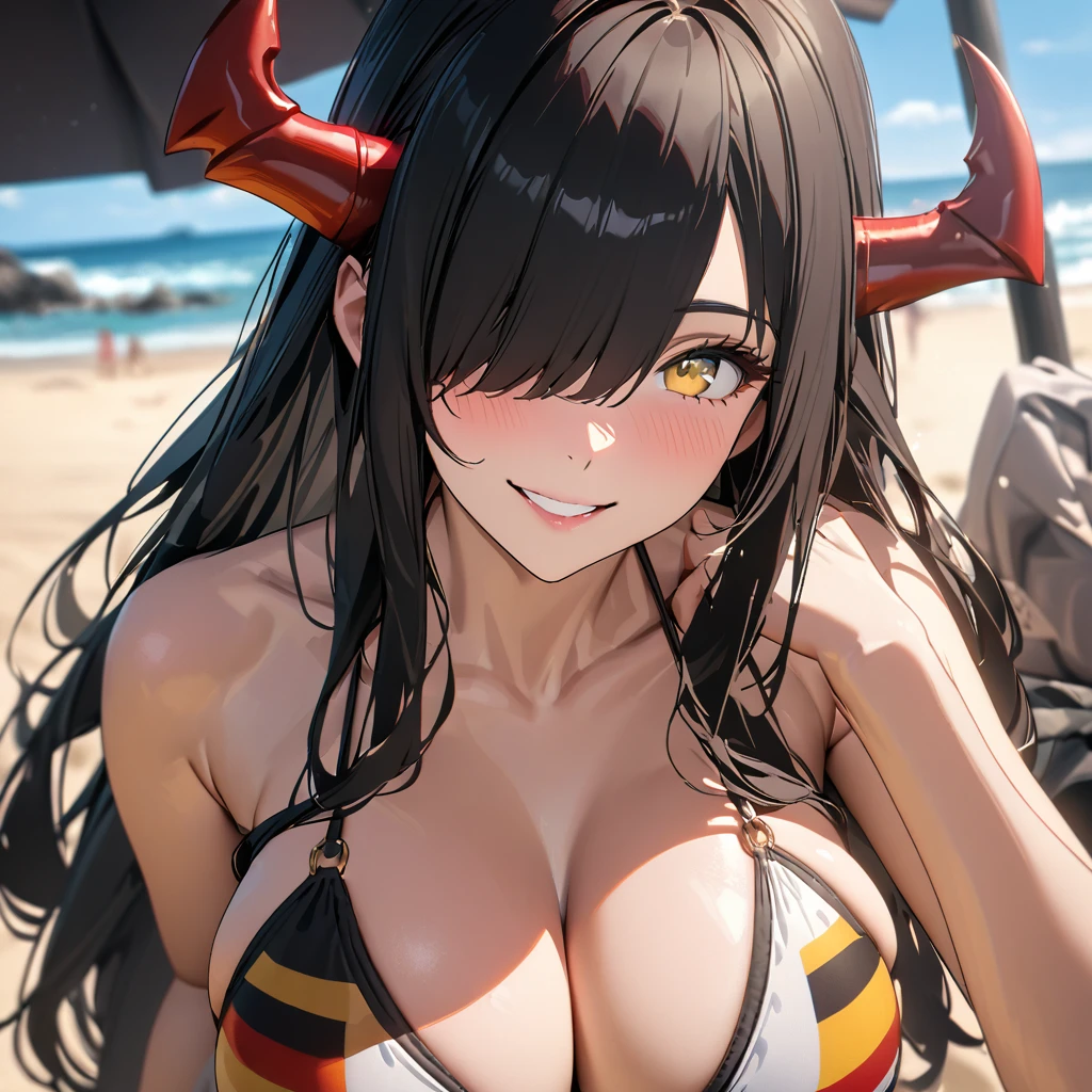 A woman wearing a bikini with fabric with the German flag, black hair, long hair, bangs covering one eye, yellow eyes, large breasts, close-up view of the face, smiling, mature woman, red horn, walking on the sand of a beach, blurred background, Umbrella background, sunny day location, big .,UHD, prime work, accurate, anatomically correct, textured skin, super details, high quality, best quality, 8k, high resolution, bokeh effect . (woman alone)