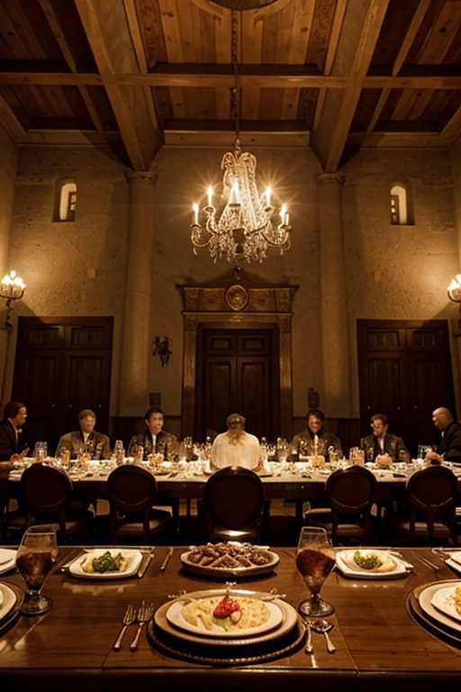 By contrast, in a nearby castle, The nobility enjoys a luxurious banquet at a long table full of delicacies.
