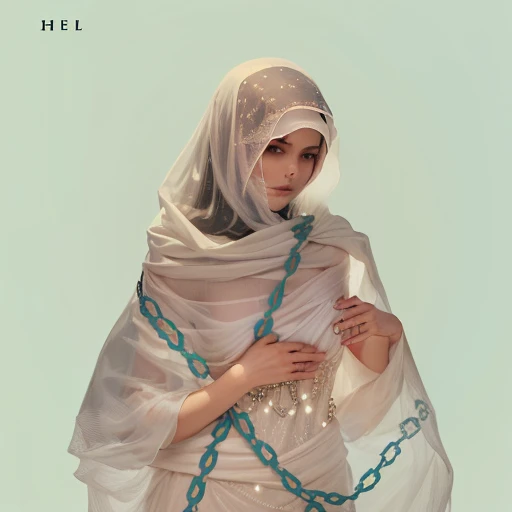 there is a woman wrapped in a blanket with chains around her, veil, veiled, transparent veil, funeral veil, wearing a veil, wearing translucent veils, white veil, veiled in mist, black veil, deep purple veil, vril, veiled face, evil album cover, white transparent veil, hell, veils and jewels