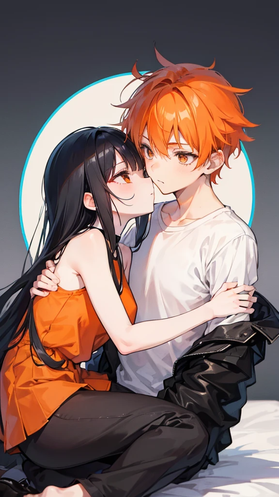 Boy with orange hair kissing a girl with long black hair