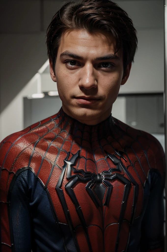 A photograph of spider man, no mask, 20 yo, handsome, detailed face, looking at camera, portrait, 8k uhd, high quality