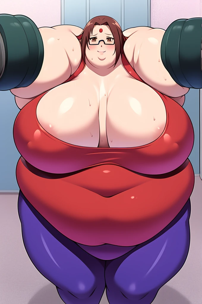 Anime Women, Lady、Forehead、Wavy Hair、Glasses、Brown eyes、Are fat、Chubby、Voluptuous、obesity、Double chin、Cheek、Fatty neck、Big Breasts、Saggy breasts、Thick upper arms、tall、Unitard、Training wear、Gloss、Sweat、blush、Run