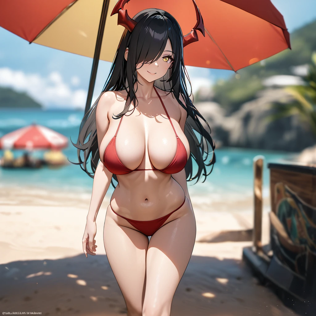 A woman wearing a bikini with fabric with the German flag, black hair, long hair, bangs covering one eye, yellow eyes, large breasts, smiling, mature woman, red horn, walking on the sand of a beach, blurred background, Umbrella background, sunny day location, big .,UHD, prime work, accurate, anatomically correct, textured skin, super details, high quality, best quality, 8k, high resolution, bokeh effect . (woman alone)
