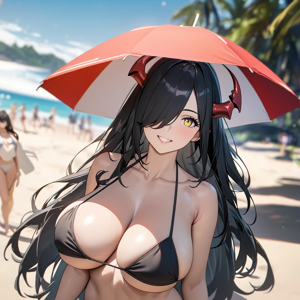 A woman wearing a bikini with fabric with the German flag, black hair, long hair, bangs covering one eye, yellow eyes, large breasts, smiling, mature woman, red horn, walking on the sand of a beach, blurred background, Umbrella background, sunny day location, big .,UHD, prime work, accurate, anatomically correct, textured skin, super details, high quality, best quality, 8k, high resolution, bokeh effect . (woman alone)
