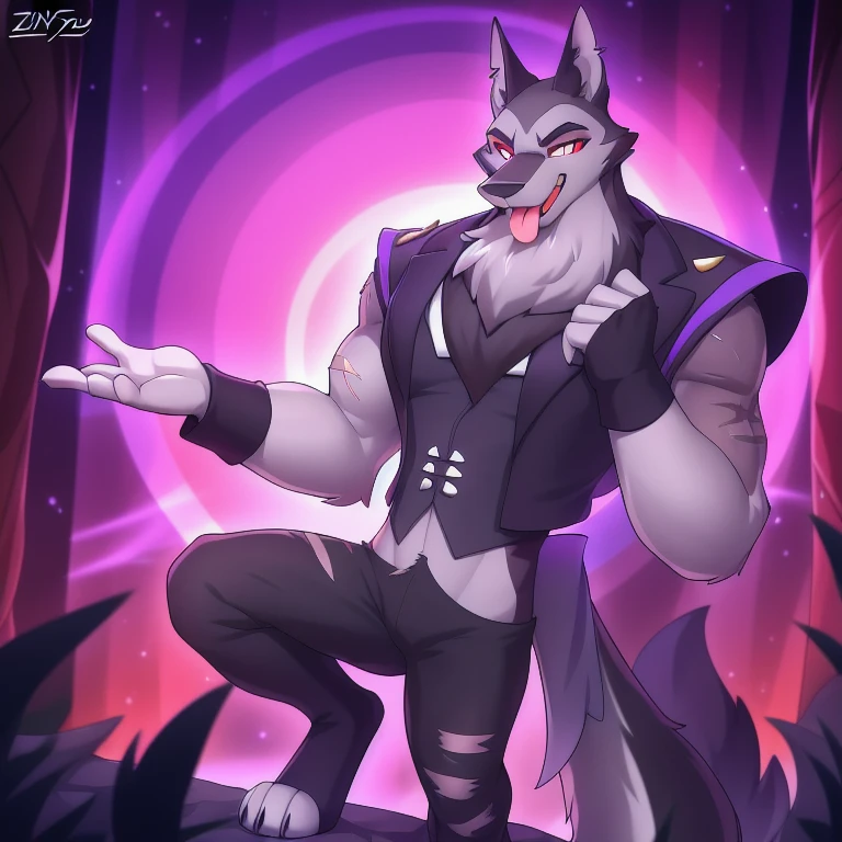 by zinfyu, detailed background, vortex \(helluva boss\), hellhound, grey body, grey fur, red sclera, white eyes, vortexgoetia, male, solo, absurd res, digitigrade, scar, vortexdrip, tribal clothes, hypnotized with completely spyral glowing purple eyes with no irises or pupils, tongue out