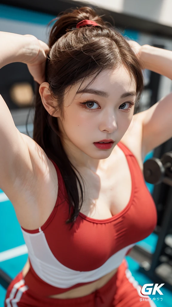 Highly detailed CG Unity 8K wallpapers，top Quority，Super detailed，tmasterpiece，realisticlying，photograph realistic，Very detailed cute girl，25 age old，musculature，Microabs，Round eyes，peeping at the viewer，Be red in the face，parted lip，Half-body shooting，
track suit ， gym room，