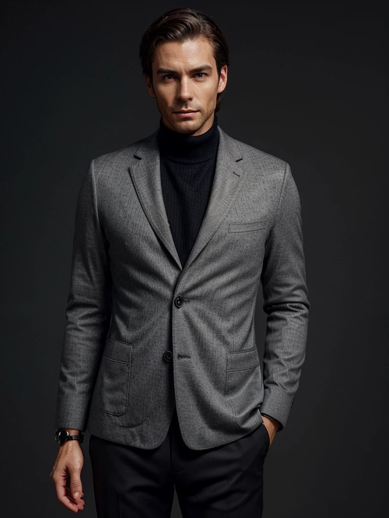 A sophisticated man, wearing a slim-fit grey jacket over a dark sweater, and a luxury wristwatch. He is positioned against a minimalist background with a soft gradient, providing ample space for text. His posture is relaxed but confident, with one hand touching his chin thoughtfully. His expression is contemplative and assured. The image should convey elegance, confidence, and style.