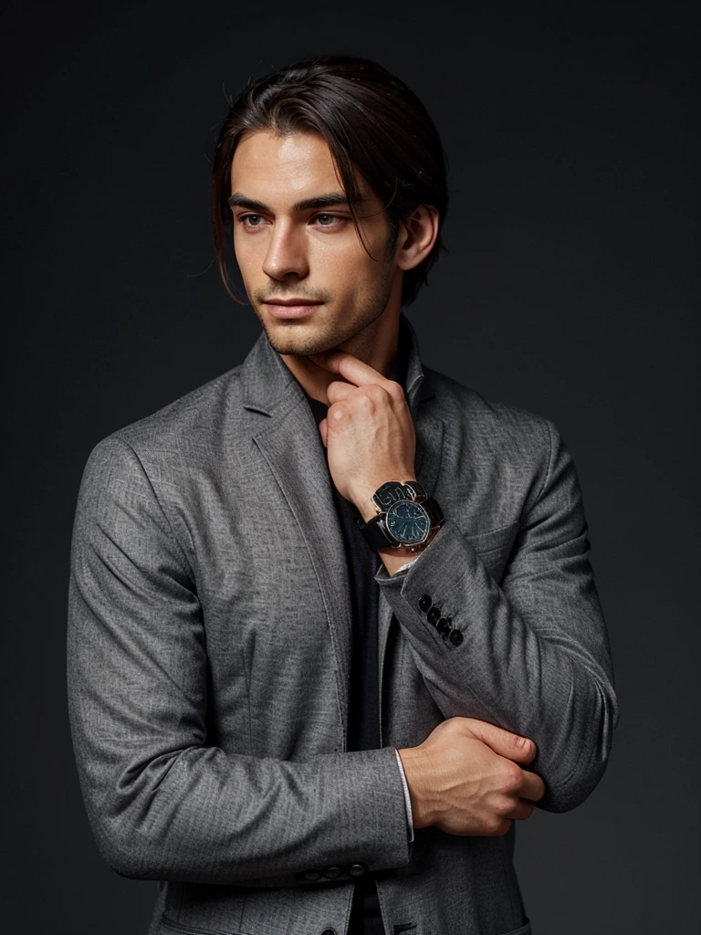 A sophisticated man, wearing a slim-fit grey jacket over a dark sweater, and a luxury wristwatch. He is positioned against a minimalist background with a soft gradient, providing ample space for text. His posture is relaxed but confident, with one hand touching his chin thoughtfully. His expression is contemplative and assured. The image should convey elegance, confidence, and style.