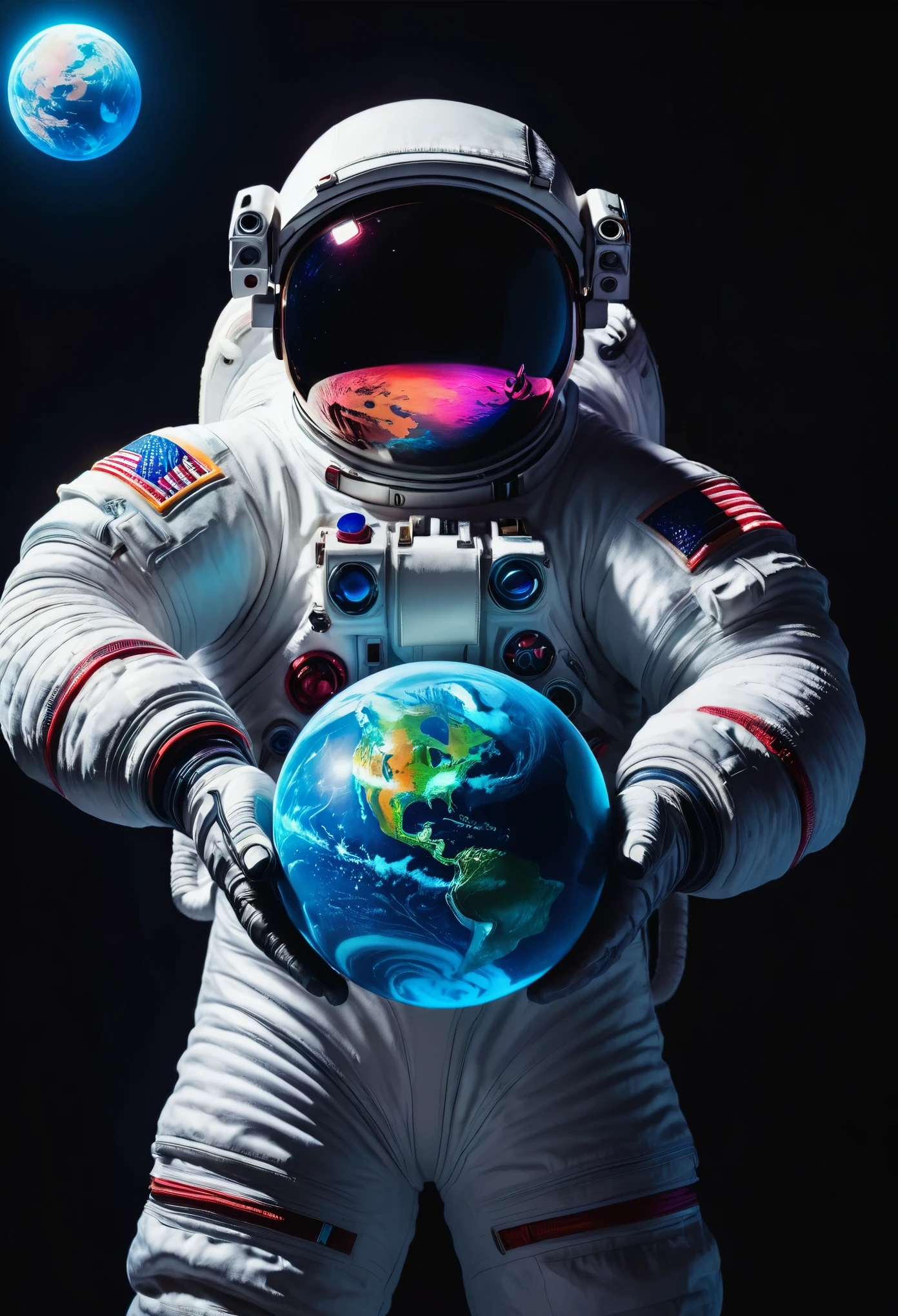 An astronaut holds a planet in his arms,close up,Glowing fluorescent feeling,Transparency,dream,Monet's color scheme,Texture Matte,high quality,High Definition,Rose red,blue,Neon light,black background,