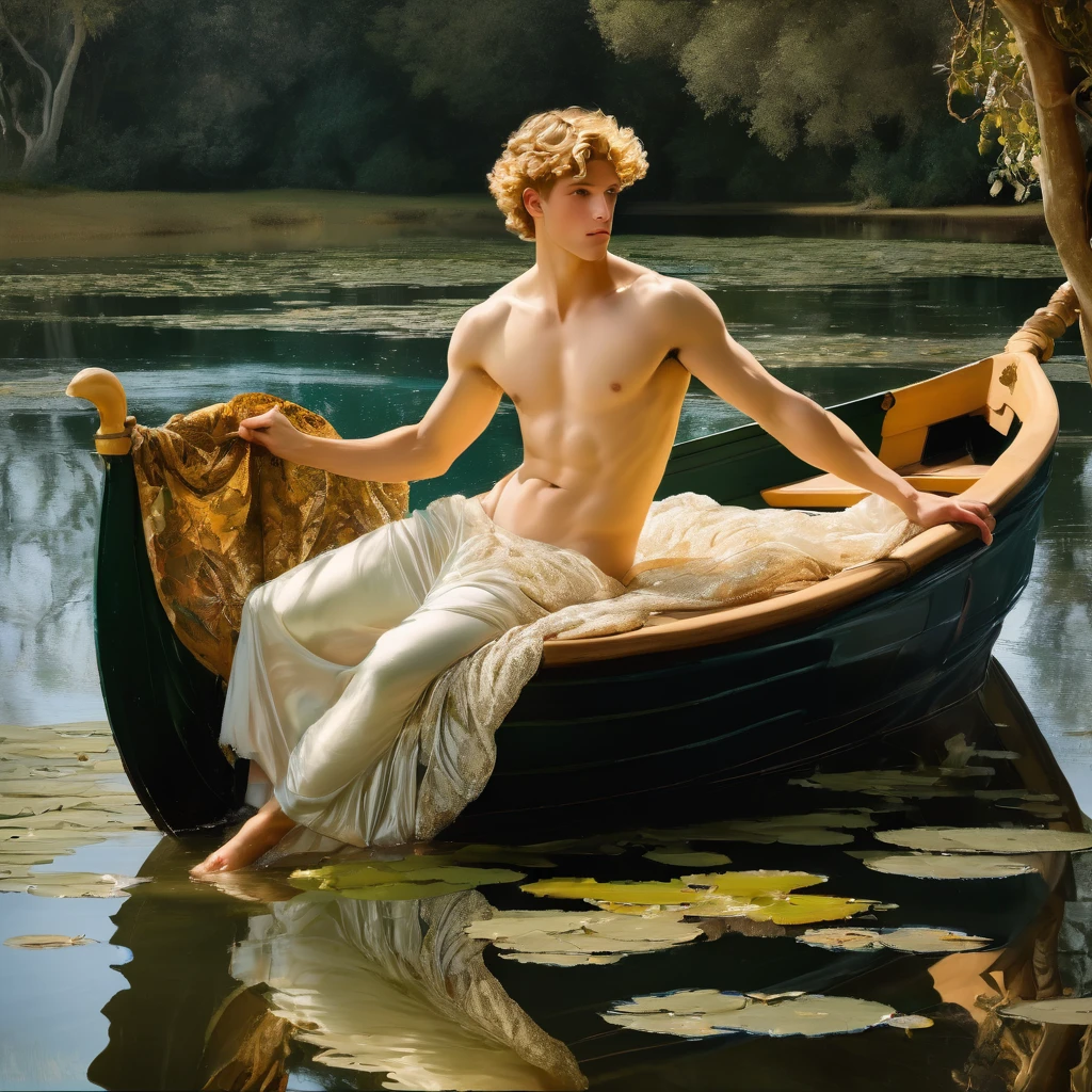 candid an full body photo of prince charming, 23 year old male supermodel, attractive and exotic, short curly blonde hair, a masculine appearance with slender smooth body, delicate and symmetrical face, natural olive skin tone, inspired by John William Waterhouse's The Lady of Shalott, pose in a graceful contrapposto stance, seated in a small boat, one hand trailing in the water, the other resting on his knee. he is wrapped in classical drapery sheer pastel color fabric, with flowing dramatically in the strong wind, some fabric to billow as if caught, The composition include mythological elements, such as a backdrop of a serene with a golden sunrise and nymphs to frame the scene. Illuminate the scene with soft diffused lighting to create a dreamlike, celestial atmosphere, capturing the delicate interplay of light and shadow on his face and body. ((full body shot)), wide-angle lens on a high-resolution DSLR camera to capture the grandeur and intricate details of the setting, while shooting from a dynamic angle to emphasize the model's majestic presence. The overall mood should blend the classical elegance of Botticelli's work with a modern, high-fashion aesthetic, producing an image that feels both timeless and contemporary, adding the Two Cherubs in the sense to balance and harmony the photo, evoke the soft ethereal quality of the Renaissance style, POV, raw photo, ((masterpiece)), ((best quality)), High Resolution, (ultra_realistic), (photorealistic), (NSFW), ((Pay attention to the layer and arrangement of body and surrounding)), ((Pay attention to the body composition)), ((Correct body structure)), ((Correct distance)), romantic atmosphere, lively extremely Gorgeous background,